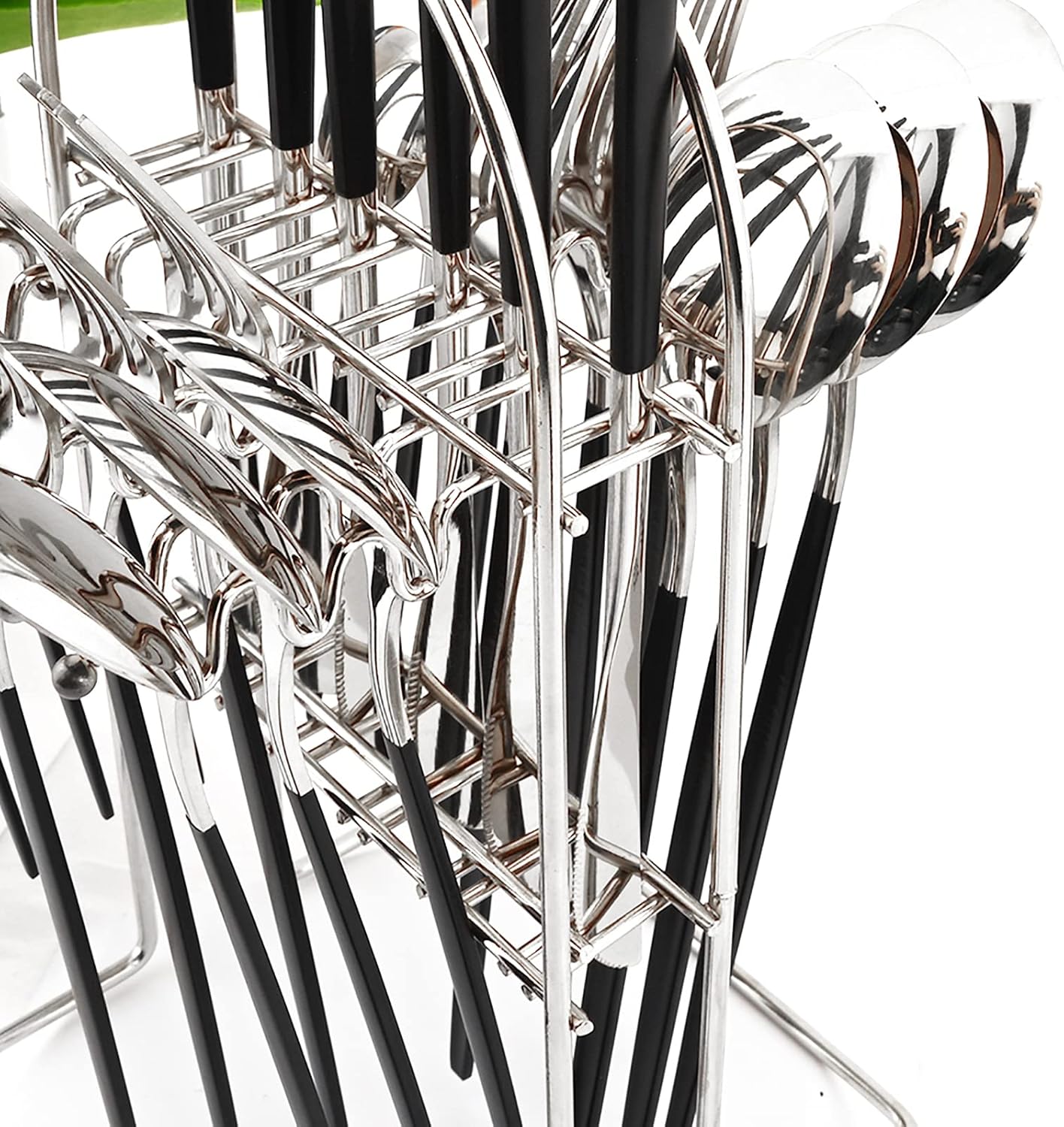 Black Silver 24Pcs Flatware Set With Stand, Lightweight Dinnerware Set Stainless Steel Cutlery With Black handles For Home Kitchen Wedding Party And Daily Use,Service For 6, Mirror Polish