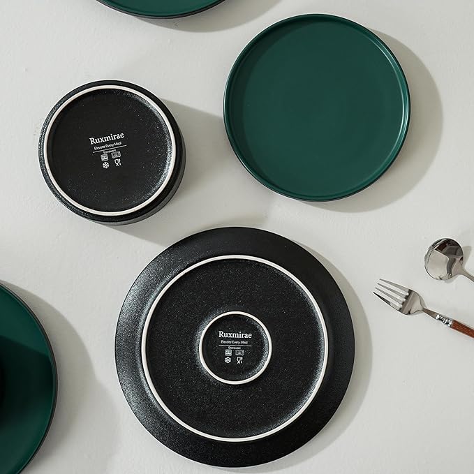 6 Piece Ceramic Dinnerware Set for 2, Modern Minimalist Stoneware Dinner Plates and Bowls, Microwave Safe, Dishwasher Safe, Versatile for All Seasons, Matte Green