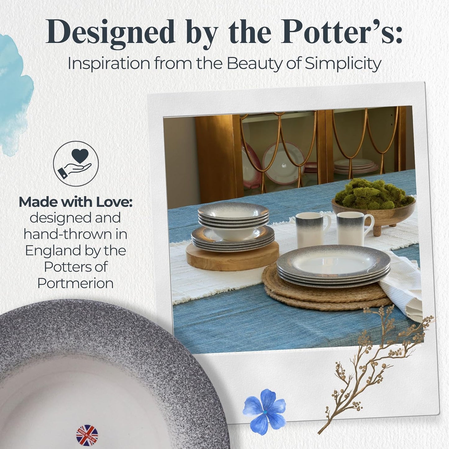 Portmeirion Potter's Mist Oatmeal Bowl (Set of 4) - Ideal for Porridge, Soup, Desserts - Microwave & Dishwasher Safe Earthenware Bowls, Durable Dishware Collection - Made in UK (Grey Mist)