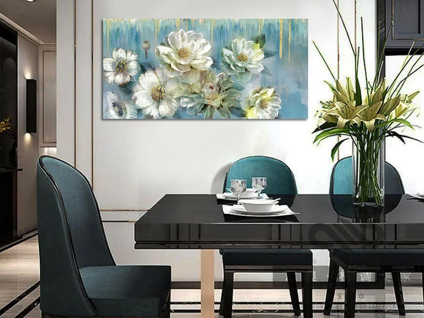 Ardemy Floral Canvas Wall Art Large Magnolia White Flowers Pictures Wall Decor Teal Textured Paintings Modern Turquoise Artwork for Living Room Bedroom Dinning Room Home Office, 48"x24"