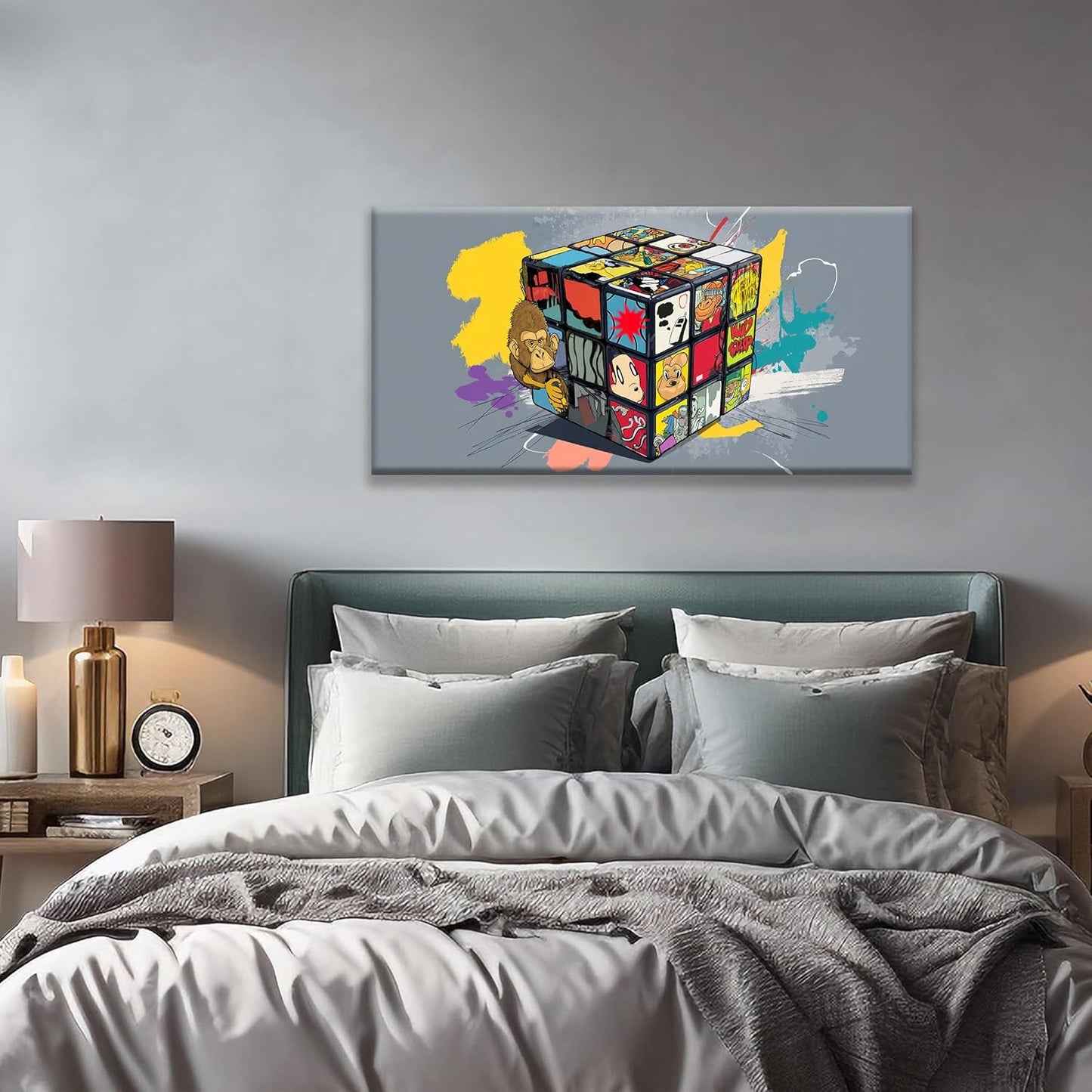 Abstract Wall Art Modern Abstract Wall Decor Multicolor Graffiti Cube Canvas Art Wall Decor Painting Picture For Bedroom Office Home Wall Decoration Artwork 20"X 40"Ready To Hang