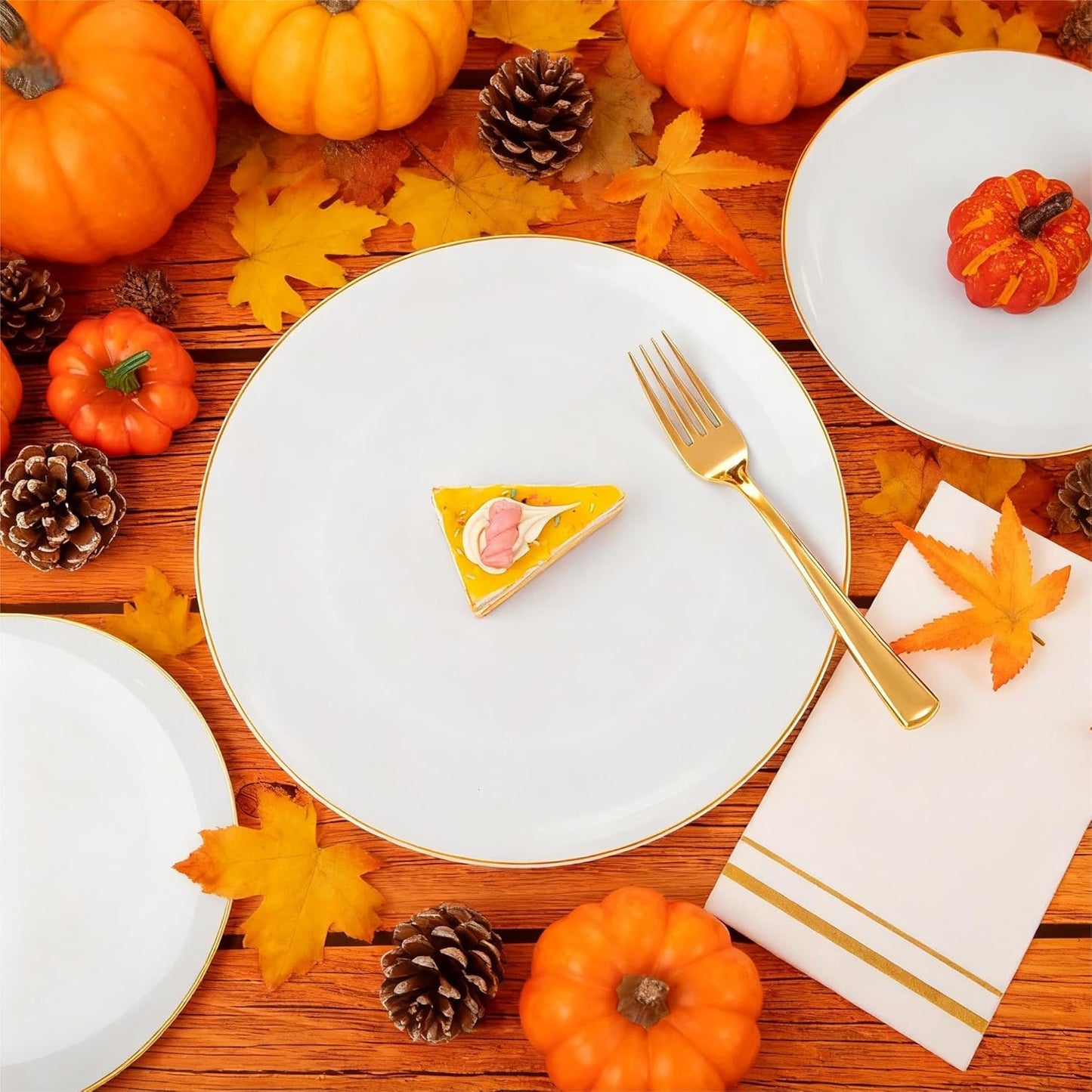 Festiva 176Pcs White and Gold Plastic Plates - White with Gold Rim Fall Dinnerware Set - 25Guest include Plates Cups Cutlery Napkins for Fall Party&Wedding& New Year&Thanksgiving