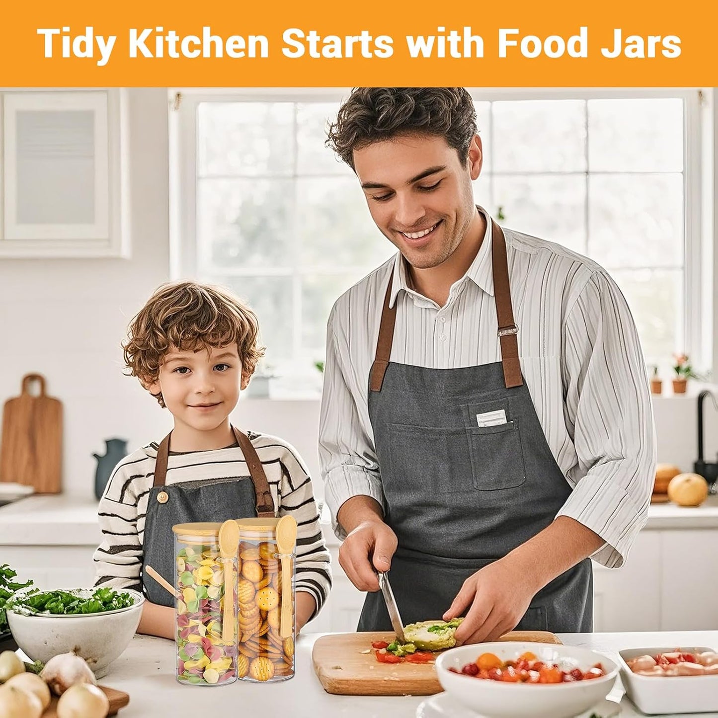 Glass Storage Jars with Airtight Lid - 4 Pack 31 Fl.oz Round Glass Jar with Bamboo Lids and Spoon, Includes Labels, Marker and Brush, Pasta Storage Containers, Cereal, Flour, Rice Canister