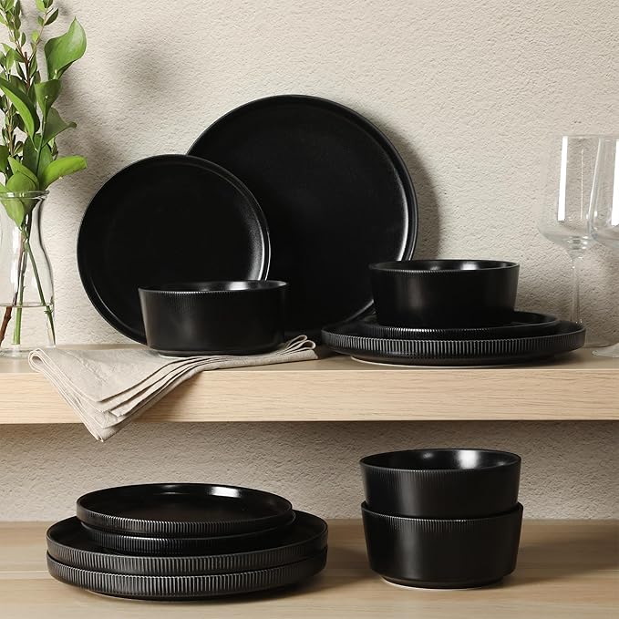 Gibson Home Dempsey Road 12-Piece Stoneware Dinnerware Set – Service for 4, Round Black Plates and Bowls, Durable Solid Color Modern Embossed Dish Set, Microwave & Dishwasher Safe
