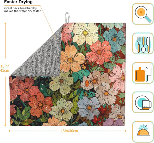 Colorful Wildflowers Dish Drying Mat for Kitchen Counter, 16"x18" Microfiber Absorbent Fast Dry Mat, 2Pcs Dish Mat Faucet Mats Sets, Large Drying Kitchen Mat Kitchen Drying Pad Coffee Bar Decor Gifts