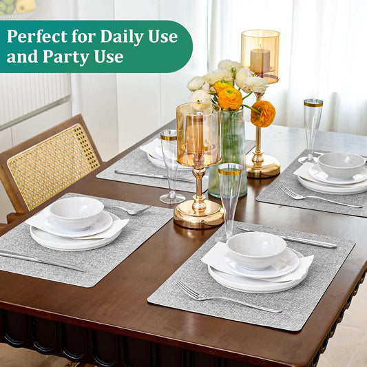 FOCUSLINE Faux Leather Placemats Set of 6, Light Grey Table Place Mats, Waterproof and Non-Slip Dining Table Mats for Indoor & Outdoor Use