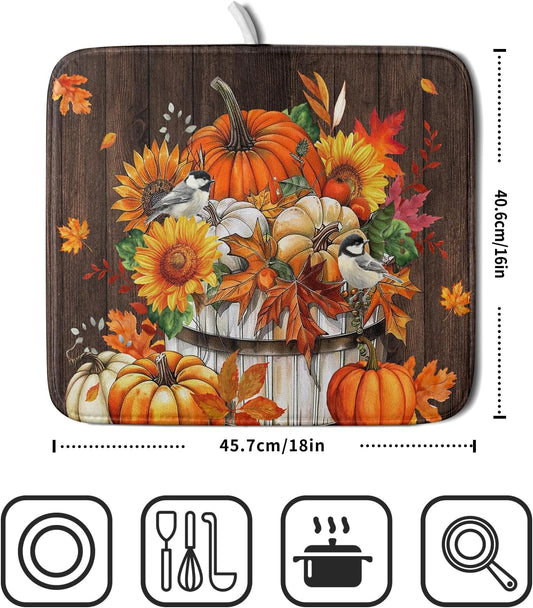 Fall Pumpkin Dish Drying Mat for Kitchen Counter Decor 16x18 Inch Halloween Thanksgiving Dish Drainer Mats Absorbent Reversible Dishes Pad