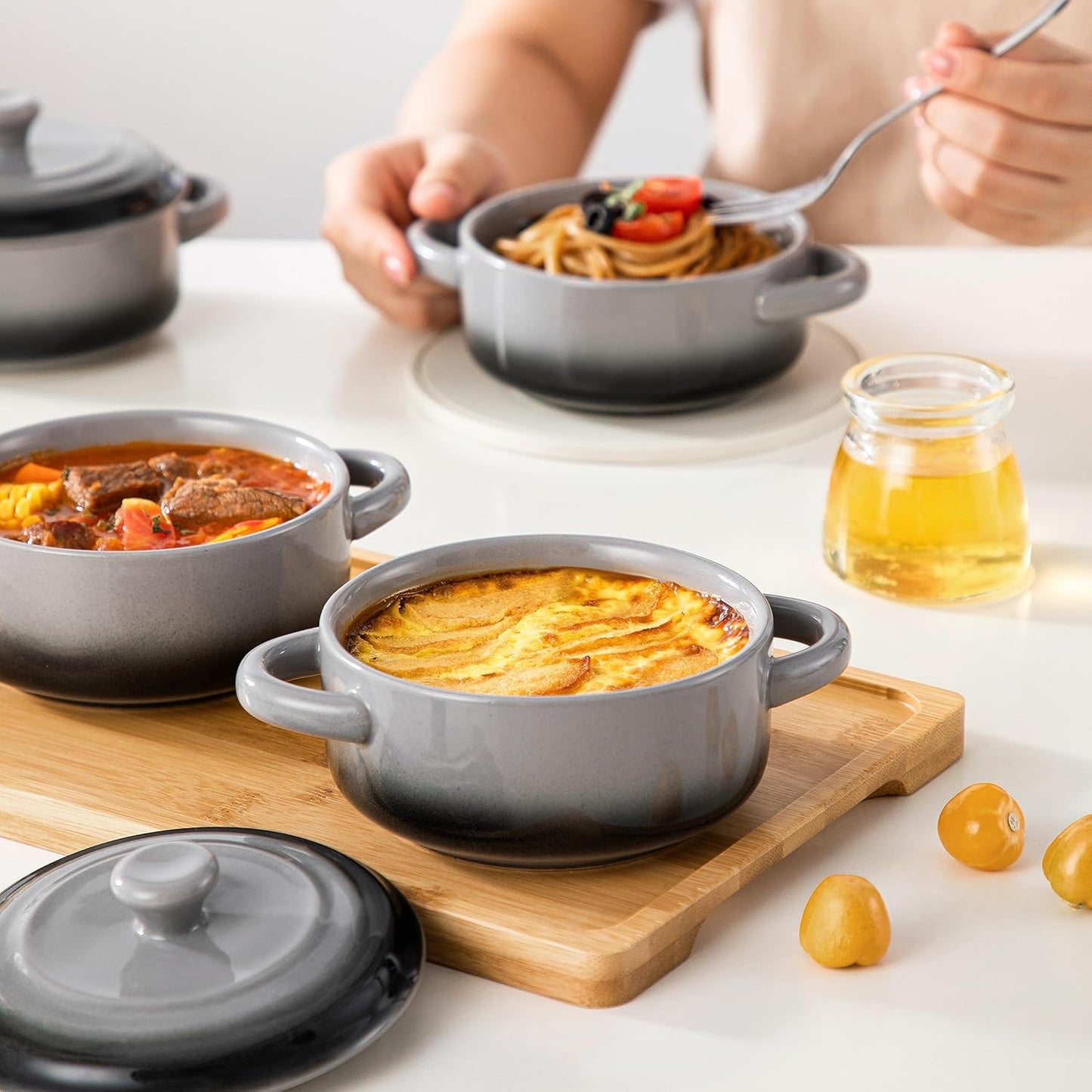 LOVECASA Mini Cocotte with Lid,12 OZ Small Casserole Dish for Oven,Mini Casserole Dish,Individual Ramekins with Lids,Oven, Microwave & Dishwasher Safe,Set of 4