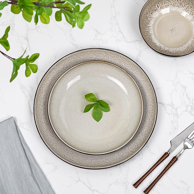 Plates and Bowls Sets for 6 - CJDC-QUELO 18-Piece Stoneware Dinnerware Sets, Ceramic Dishware Set for Indoor Kitchen Use and Formal Dining, Chip and Scratch Resistant Microwave Dishwasher Safe, Brown