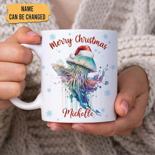 Hyturtle Personalized Gifts Jellyfish Lover - Merry Christmas Customized Name Ceramic Coffee Mug Cup 11oz - Cute Sea Animal Lovers Gifts For Women, Girl kids Family On Birthday, Christmas