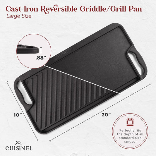 Cuisinel Cast Iron Griddle/Grill + Scraper/Cleaner - Reversible Pre-Seasoned 20" X 10"-inch Dual Handle Flat Skillet and Griller Pan + Cleaning Accessories - Use Indoor/Outdoor Stove Top Burner, Gas