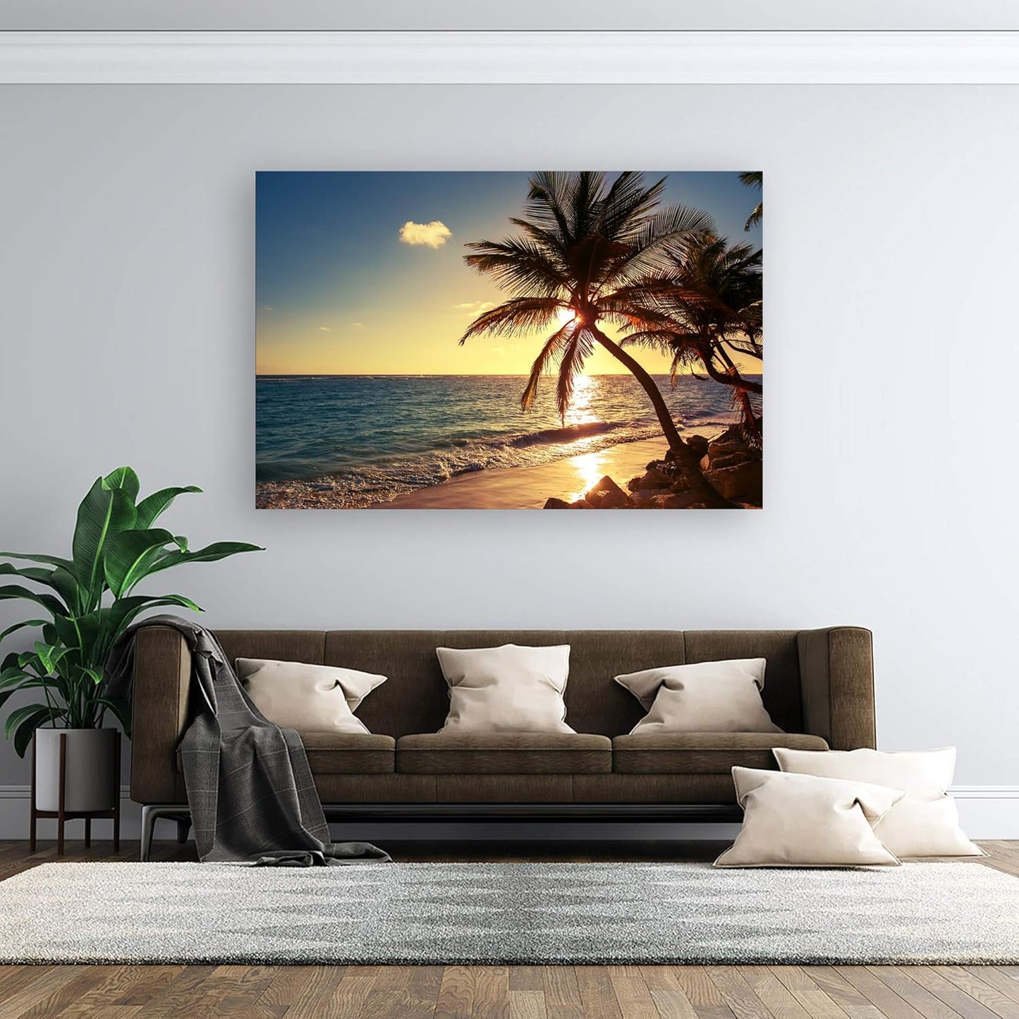 Muolunna S04969 Wall Art Decor Large Canvas Print Picture Sunset Ocean Beach Waves 1 Panel Coconut tree Scenery Painting Artwork for Office Home Decoration Stretched and Framed Ready to Hang XLarge