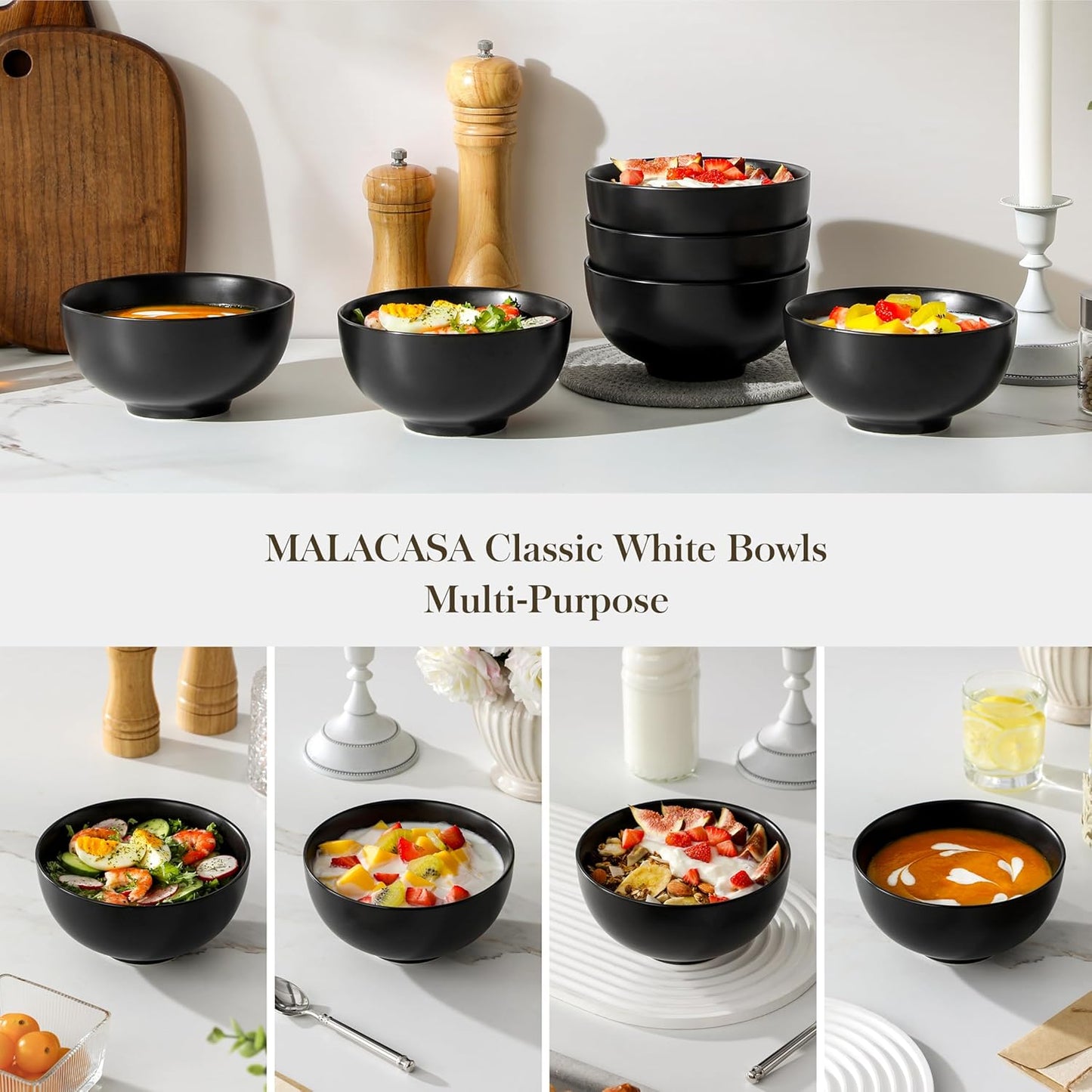 MALACASA 26 OZ Porcelain Soup Bowls Set of 6, Black Ceramic Bowls for Kitchen, Cereal Bowl for Oatmeal, Fruit, Salad, Ramen and Rice Bowl -Dishwasher & Microwave Safe Bowls