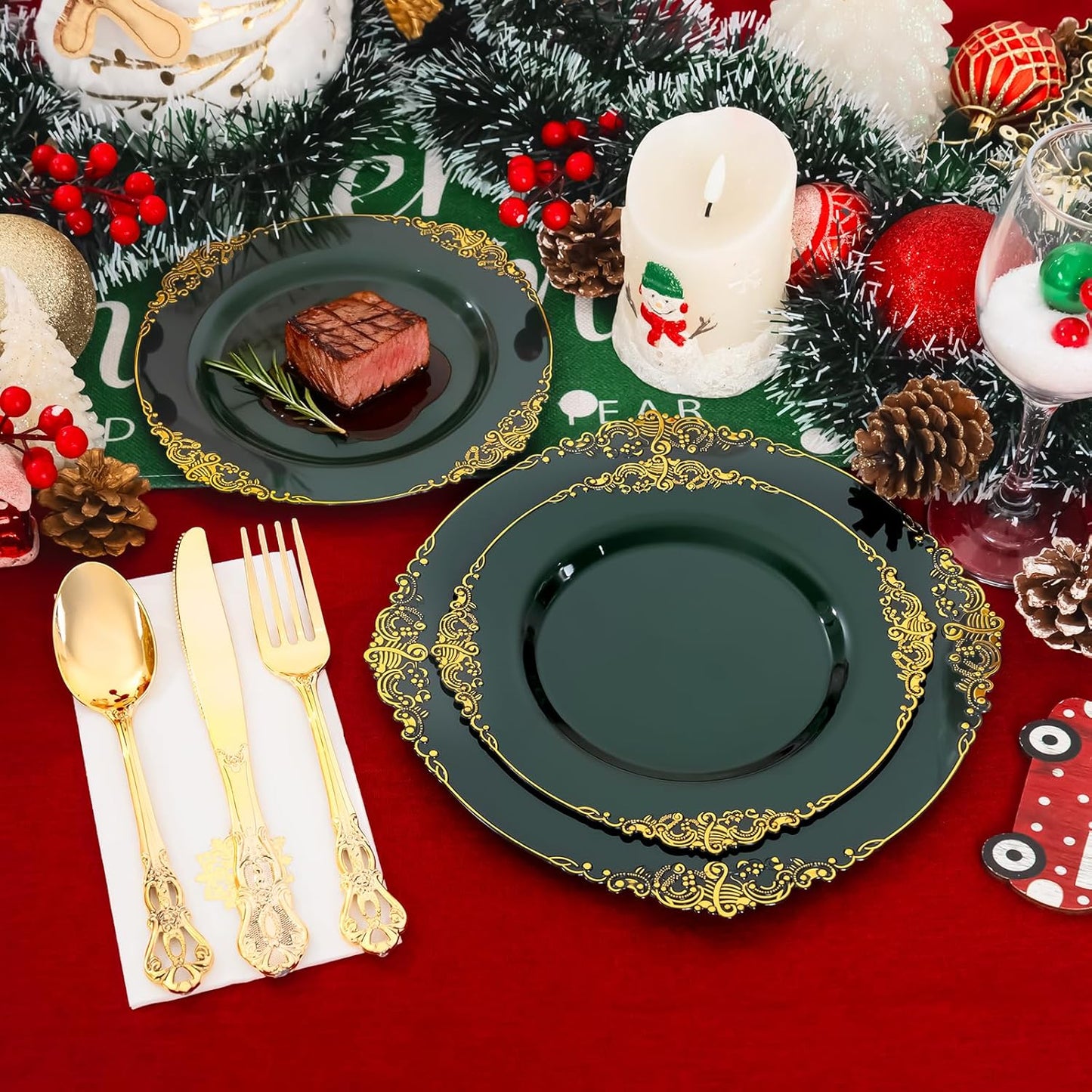 102PCS Green and Gold Plates - Green Plastic Plate - Fancy Heavy Duty Disposable Plates - Heavyweight Disposable Dinner & Dessert Plate for 51 Guests for Party & Christmas