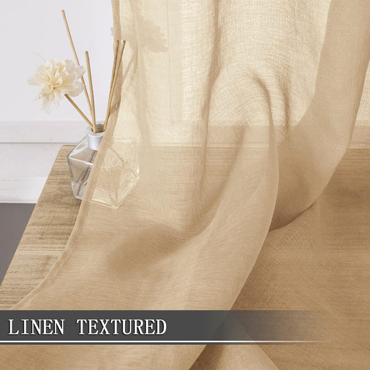 Tollpiz Sheer Curtains Living Room Linen Textured Curtain Sheers Light Filtering Voile Rod Pocket Curtains for Bedroom, 38 x 63 inches Long, Beige, Set of 2 Panels