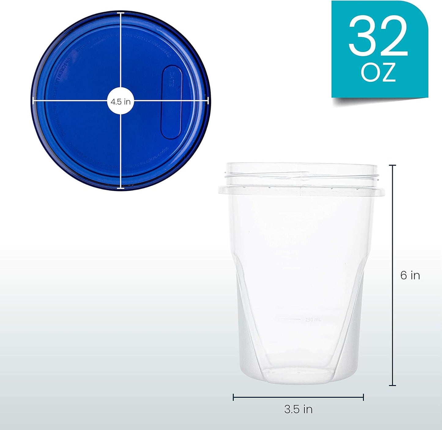 PLASTICPRO 32 oz 72 Pack Twist Top Deli Containers Clear bottom With blue Top Twist on Lids Reusable, Stackable, Food Storage Freezer Container Pack of 72