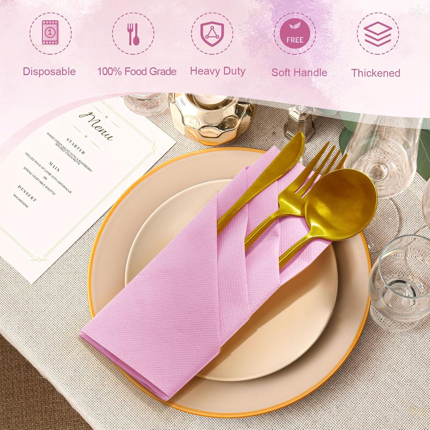 Qilery 50 Pcs Paper Linen Napkins Disposable Airlaid Paper Prefolded Dinner Napkins with Built in Flatware Pocket for Silverware Valentine Wedding Party Christmas Day (Pink)