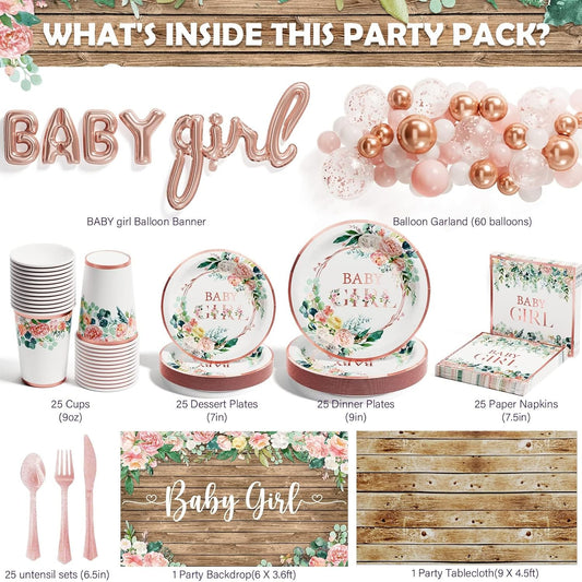 Ecomore Baby Shower Decorations for Girl - 249 PCS Baby Girl Gender Reveal Party Supplies & Disposable Dinnerware Set (25 Guest) with Pink Rose Gold Floral Paper Plates Backdrop Tablecloth Balloon Kit