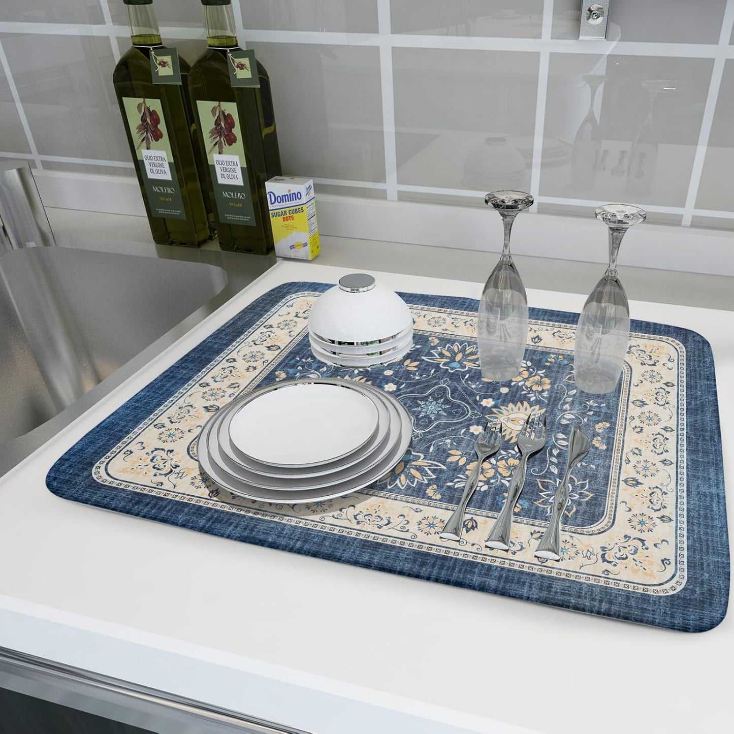 Blue Boho Dish Drying Mat for Kitchen Counter 18x24 Inch Fast Dry Drying Pad Vintage Floral Dish Drainer Rack Mats Coffee Bar Accessories
