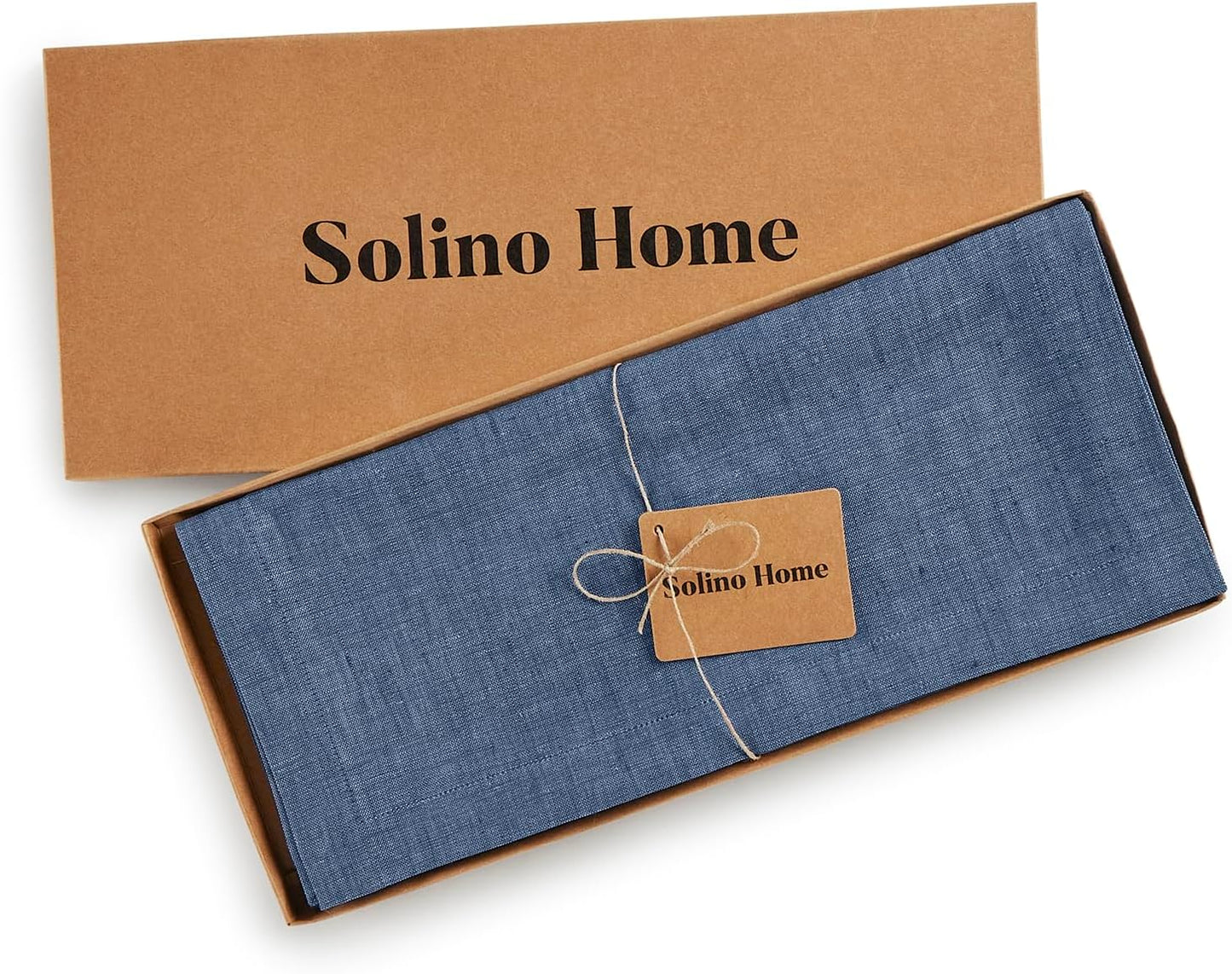 Solino Home Linen Table Runner 132 Inches Long - Athena, 100% Pure Linen Blue Denim Dining Table Runner 14 x 132 Inch for Christmas