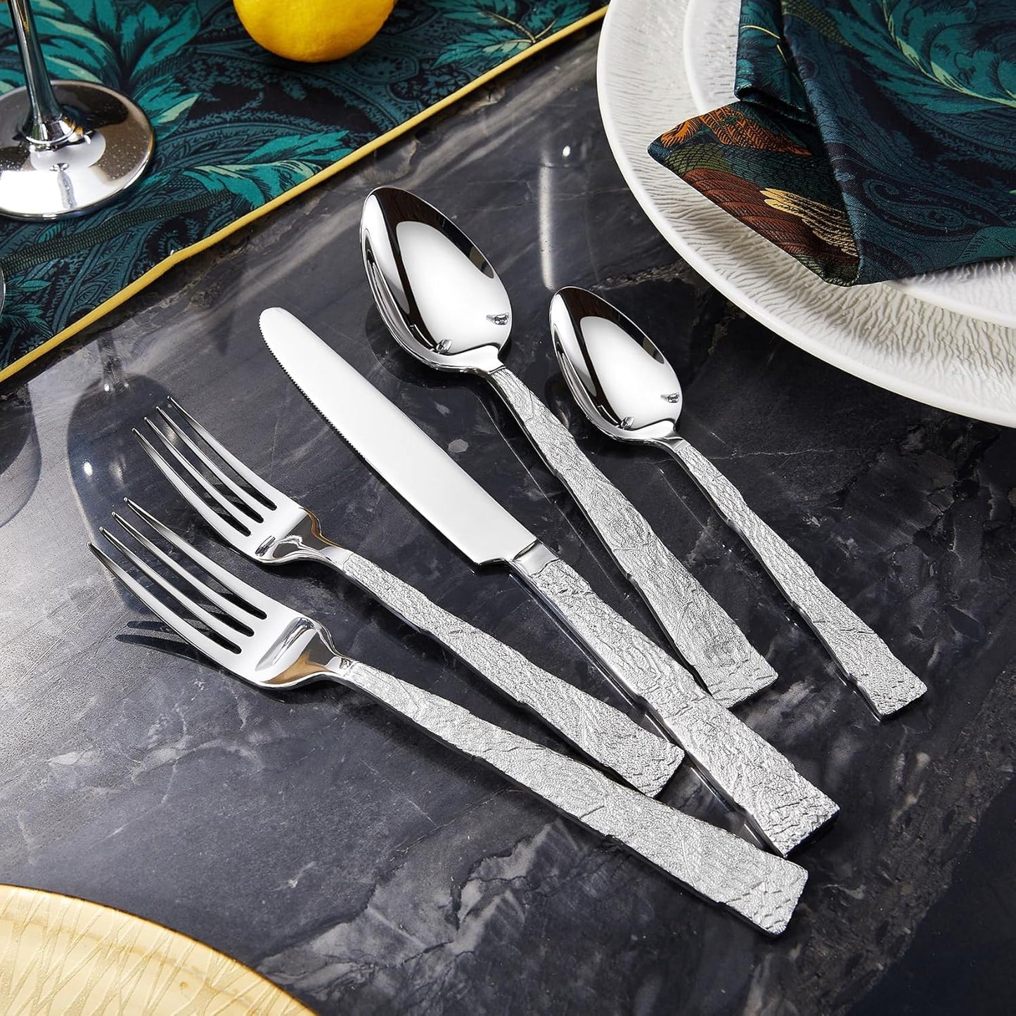 KEAWELL Premium Lava Silverware Set – 18/10 Stainless Steel Flatware, Dishwasher Safe, Textured Handle, Durable for Everyday Use, Elegant for Entertaining (20, Silver)