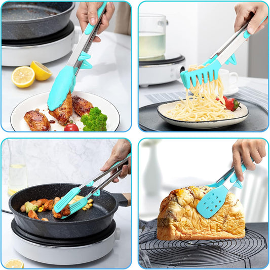 5-Pack Silicone Tongs for Cooking,Maywe Tanso 4PCS 13-Inch Kitchen Tongs with Silicone Tips,Nonstick Stainless Steel Tong for Steak Pie Pizza Pasta Spaghetti Salad BBQ Buffet,Plus Brush