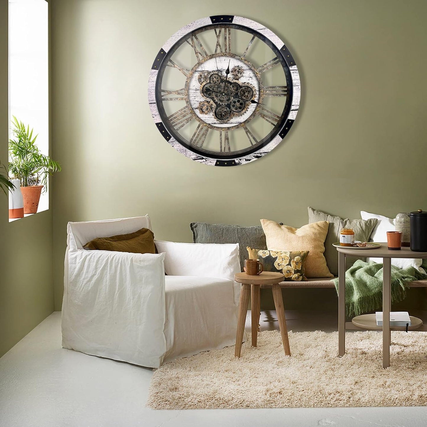 DORBOKER 30" Large Wall Clock Moving Gears,Oversized Industrial Rustic Farmhouse Clocks for Living Room Decor Office Home, Solid Wood Retro Metal HD Tempered Glass Cover, White Grey