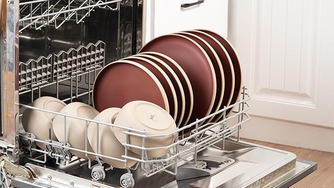 12 Pieces Dinnerware Sets,Plates and Bowls Sets,Handmade Reactive Glaze Dishes Set for 4 with at Least 10% Recycled Ceramic and the Raw Texture of the Clay (Angora Red)