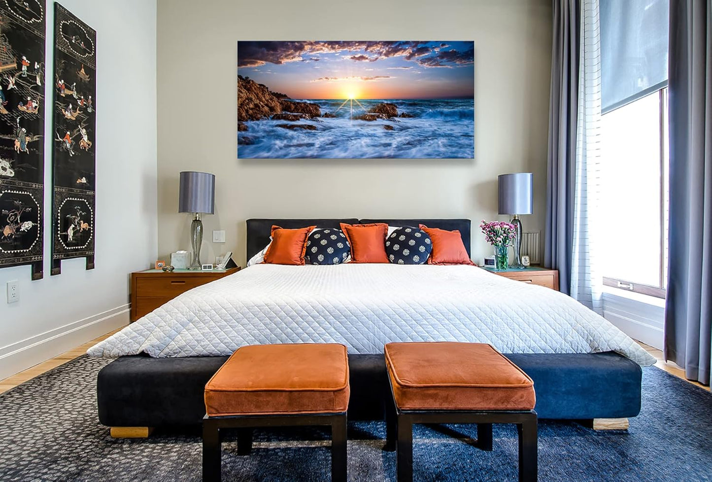 Muolunna BK05862 Wall Art Decor Canvas Print Picture Sunset Blue Ocean 1 Panel Sea Waves Scenery Painting Artwork for Office Wall Decor Home Decoration Stretched and Framed Ready to Hang 24x48inch