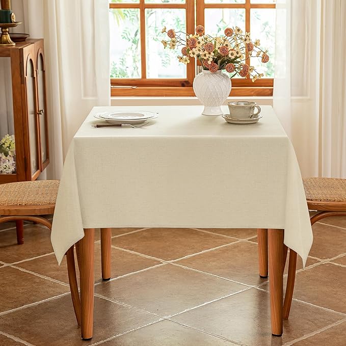 Fabric 52x52 Inch Square Table Cloth, Faux Linen Textured Water Resistant & Wipeable Card Tablecloth, Reusable for Dinning Kitchen Patio, Beige
