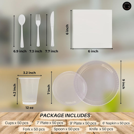 Grandipity 350 Piece Clear Disposable Dinnerware Set, Includes 50 of Each: 9" Dinner Plates, 7" Dessert Plates, 12oz Cups, Paper Napkins, Forks, Knives & Spoons