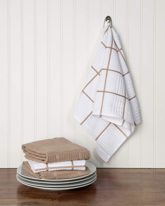 Sticky Toffee Cotton Kitchen Towels Set of 4 – 28x16 in Tan and White Hand Towels, Reusable and Absorbent Tea Towels for Drying or Cleaning, Oeko-Tex Cotton