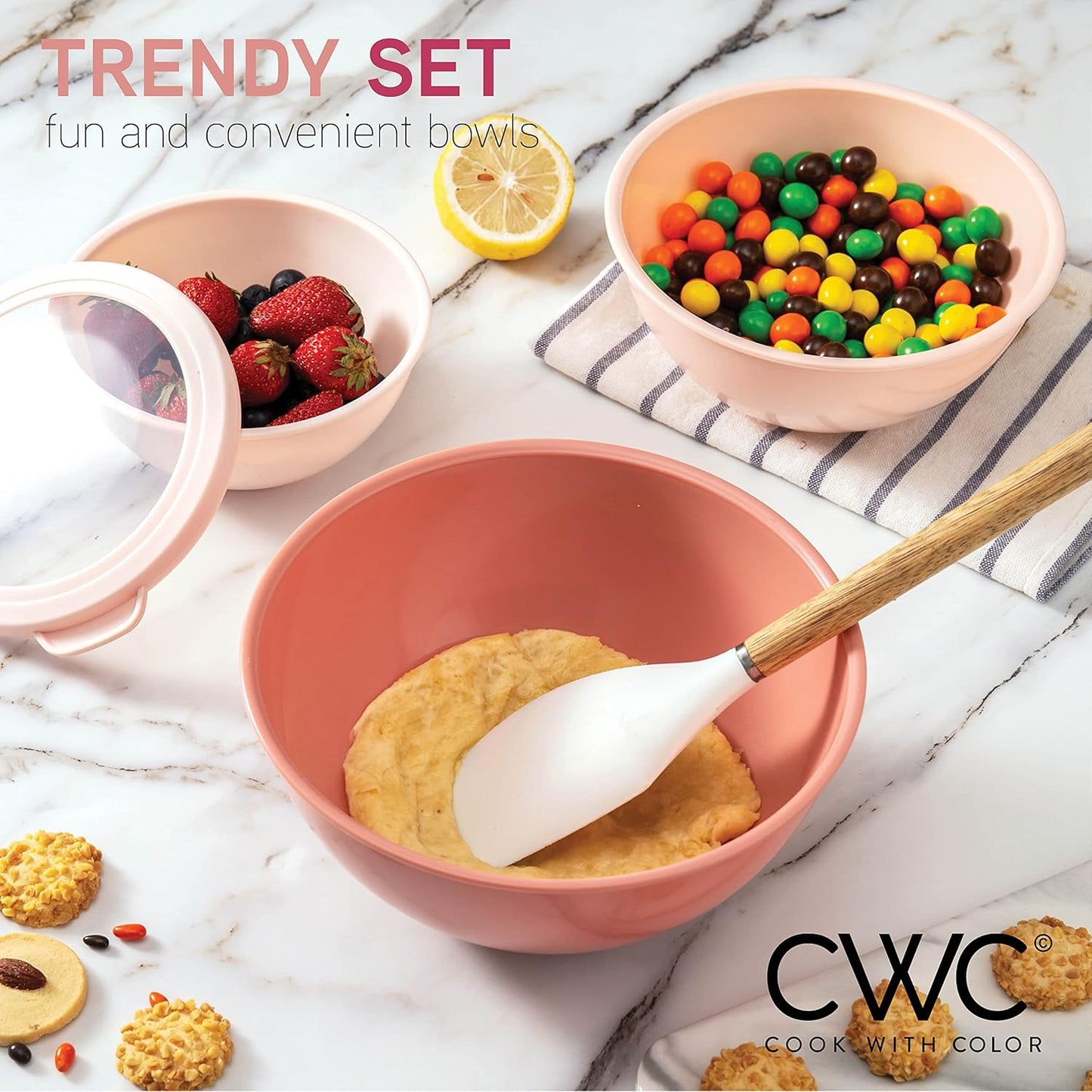 COOK WITH COLOR Mixing Bowls with TPR Lids - 12 Piece Plastic Nesting Bowls Set includes 6 Prep Bowls and 6 Lids, Microwave Safe (Rose)