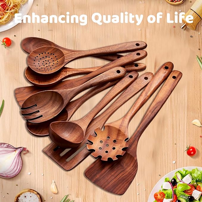 10 PCs Teak Wooden Utensil Set with Hooks, Wooden Spoons for Cooking, Wood Cooking Utensils Set, Comfort Grip, Non Stick Cookware, Easy to Clean, Kitchen Stuff, Wood Spatula