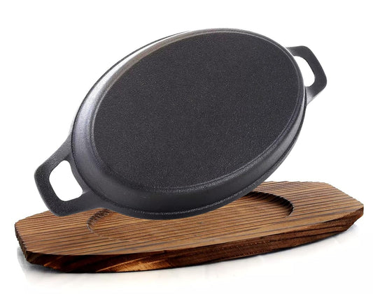 Bruntmor Mini Cast Iron Sizzler Plates Skillet Set Of 4. Oval Fajita Plate With Wooden Base/Pan Tray Serving Sizzling Dish And Fajitas, Hot Steak Skillet Dish Without Sinking (2 Sets)
