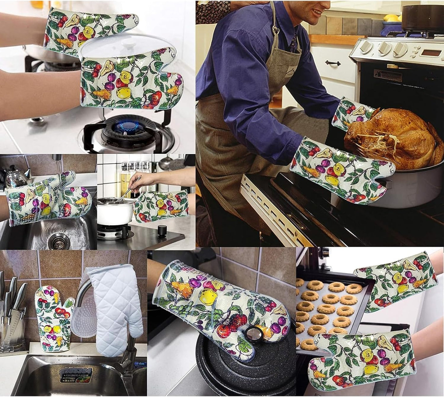 Oven Mitts Set of 2 with Transparent Clear Silicone Shell and Nice Friut Flower Cotton Lining, Heat Resistant to 500 F Kitchen Oven Gloves Pot Holder for Cooking (Friut Flower, Oven Mitts)