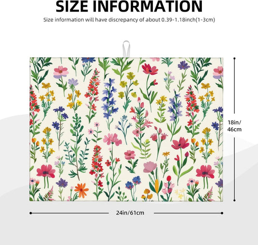Watercolor Wildflower Dish Drying Mat for Kitchen Counter, 18"x24" Microfiber Absorbent Fast Dry Mat, 2Pcs Dish Mat Faucet Mats Sets, Large Drying Kitchen Mat Kitchen Drying Pad Coffee Bar Decor Gifts