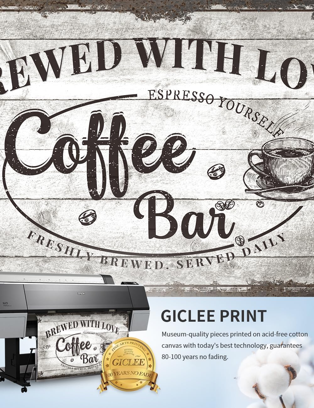 IPIC - Vintage Coffee Bar Sign Brewed with Love, Canvas Print Wall Art for Cafe, Farmhouse Style Wall Decor for Home Kitchen and Coffee Station