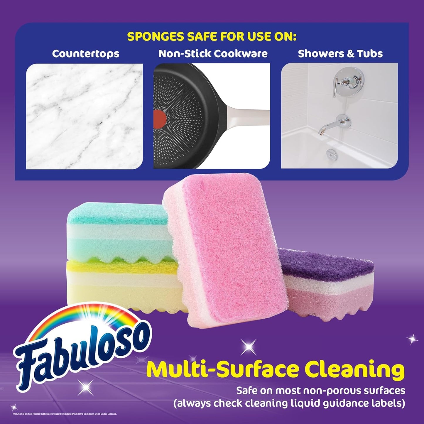 Fabuloso Sponges, Rainbow - Scratch-Free Scrubber for Dishes and Surfaces - Dishwashing Sponge for Bold and Bright Cleaning Experience, 4 Count