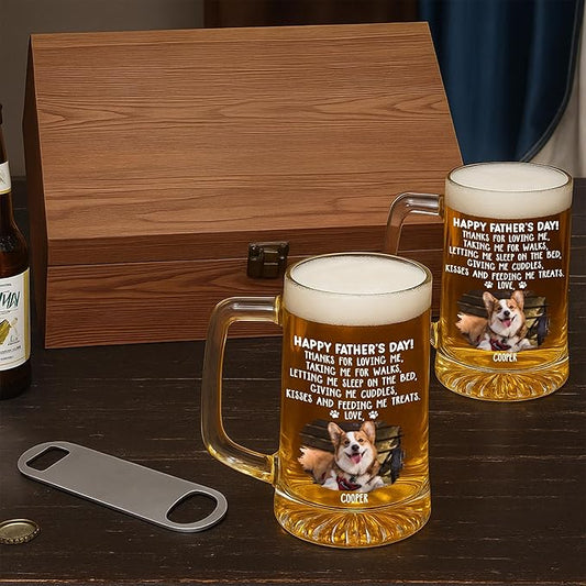 Wrappiness Custom Photo Beer Glass with Handle - Give Us Cuddles Thank You Dad Glass Cup - Personalized Gift Father’s Day, Birthday for Dad, Husband - Unique Beer Mug with Handle