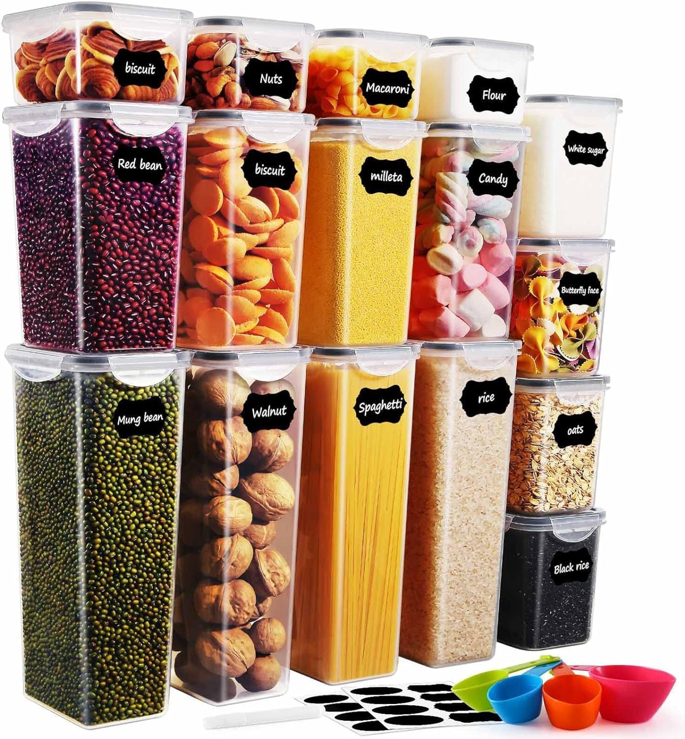 Airtight Food Storage Containers Set, Clear Plastic Kitchen Organizers with Labels, Large Capacity for Pasta, Flour, Cereal, Snacks (6)