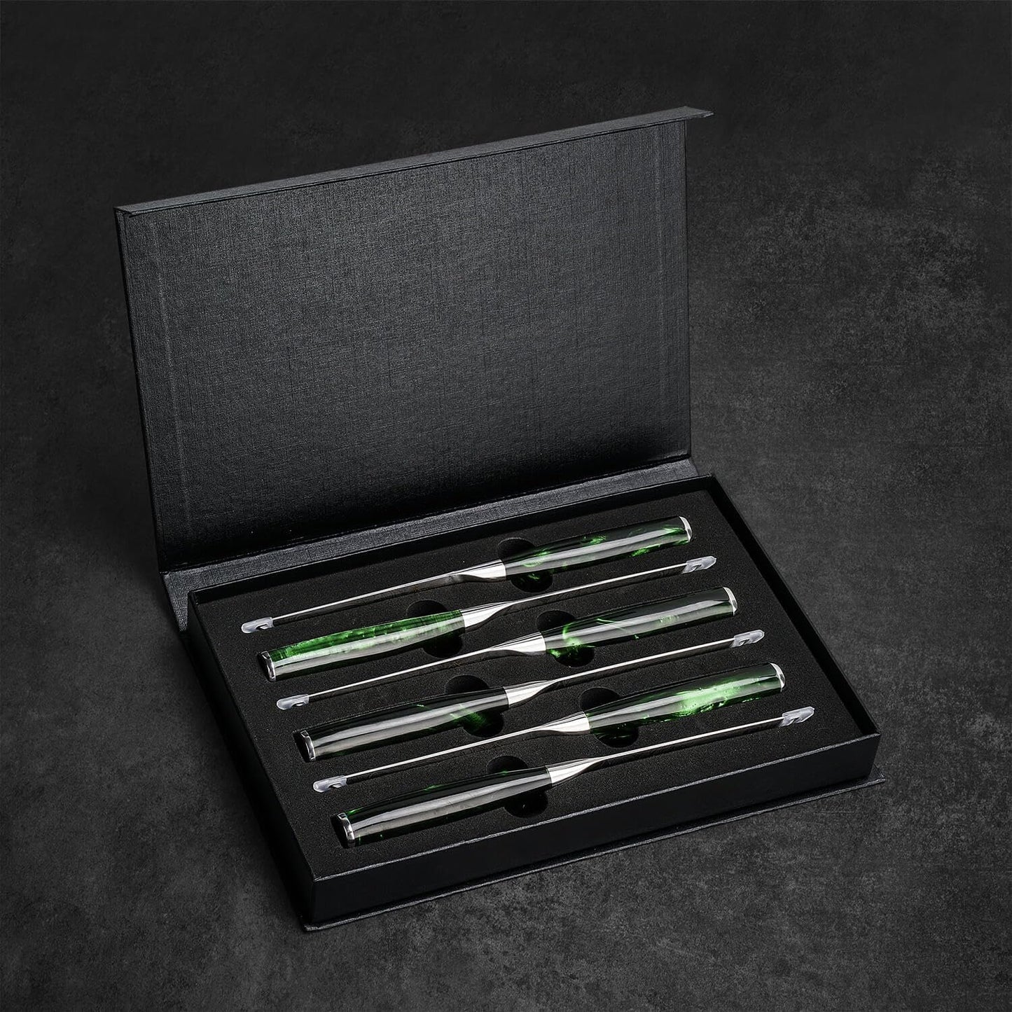 SENKEN Professional Steak Knife Set with Beautiful Engraved Pattern - Wasabi Collection - Razor Sharp Serrated High Carbon Steel & Emerald Green Resin Handle (6 Piece Steak Knife Set)