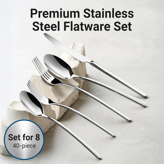 Riesa Flatware Set for 8, 40-Piece Silverware Set, 18/10 Stainless Steel Cutlery with Mirror Finish, Dishwasher Safe Utensils for Home, Kitchen, Everyday Dining and Entertaining