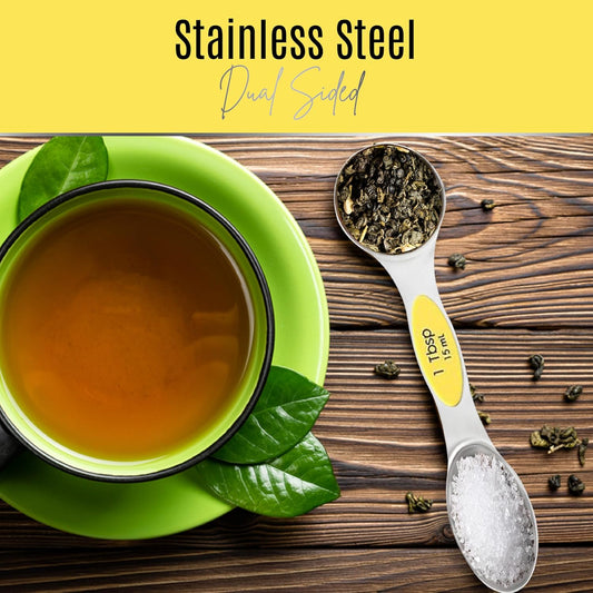 Magnetic Measuring Spoons Set of 9 Stainless Steel Dual-Sided Stackable Measuring Spoon Nesting Teaspoons Measuring Dry and Liquid Ingredients, Fits in Spice Jars Set of 9 (Yellow)