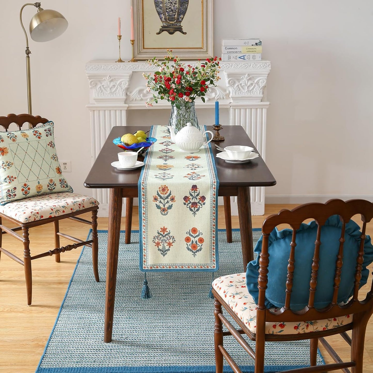 ISAENNE Designer Light Green Linen Table Runner 102 Inches Long,French Floral Patterns Elegant Table Runner for Dining Tables,Thanksgiving,Kitchen Tables,Christmas,12"*102"-Floralsea B