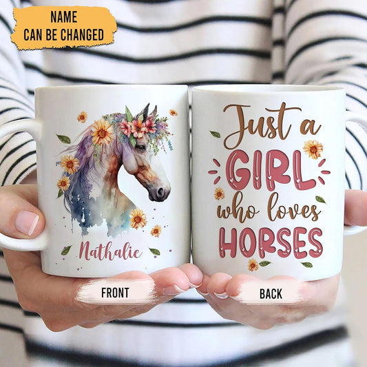 Hyturtle Personalized Gifts Horse Lover - Just A Girl Who Loves Horses Custom Name Ceramic Coffee Mug Cup 11oz - Idea Cute Animal Lover Gifts For Women, Girl Daughter On Birthday, Christmas