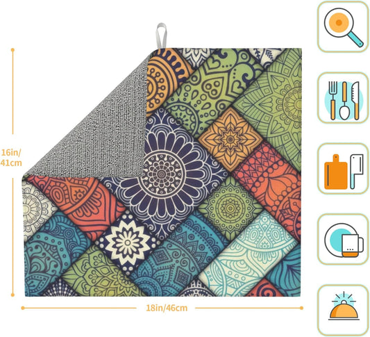 Retro Boho Dish Drying Mat 16x18 Inch, Microfiber Absorbent Fast Dry Mat Mandala Large Dish Mat Drying Kitchen Mat, Kitchen Drying Pad for Kitchen Counter Coffee Bar Decor Gifts