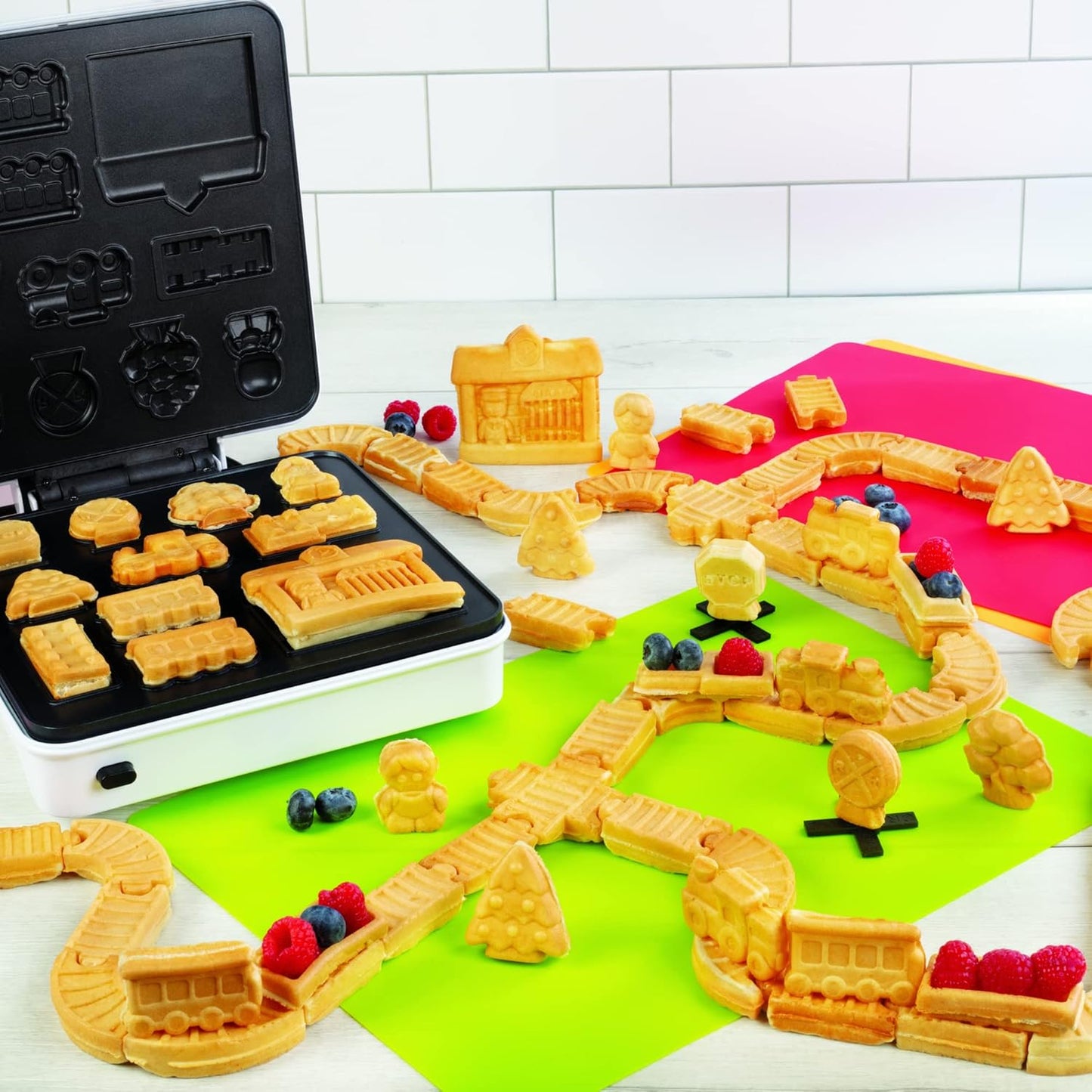 Train Set Waffle Maker – Build Track & Cargo Car Shaped Mini Waffles – Electric Non-Stick Plates, Dishwasher-Safe Removable Inserts for Kids Xmas Breakfast, Pancakes, Snacks, Family Fun Gift & Play!
