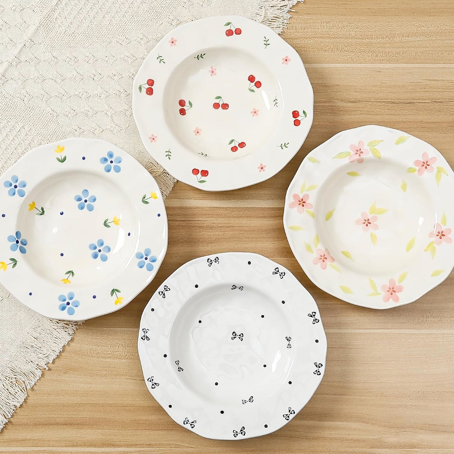 Koythin Ceramic Straw Hat Ramen Bowl Set, Pasta Bowls, Salad Serving Bowl for Noodle, Dinner, Salad, Microwave Dishwasher Safe (Blue and Yellow Tulips)