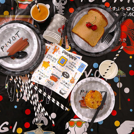 161CT iFriends Party Supplies Disposable iFriends Dinner Plates Cups Straw Napkins Spoon Fork knives Tablecloth, iFriends Birthday Party Decorations and Party Tableware Serves 20 Guests, Black